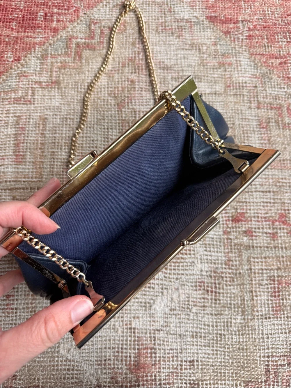 Vintage cocktail Navy Leather Chain-Strap Evening Clutch